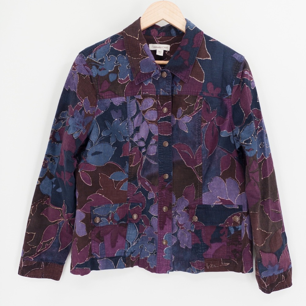 Coldwater Creek Jacket Womens 16 Purple Floral Granny Art Teacher Cottage Dark